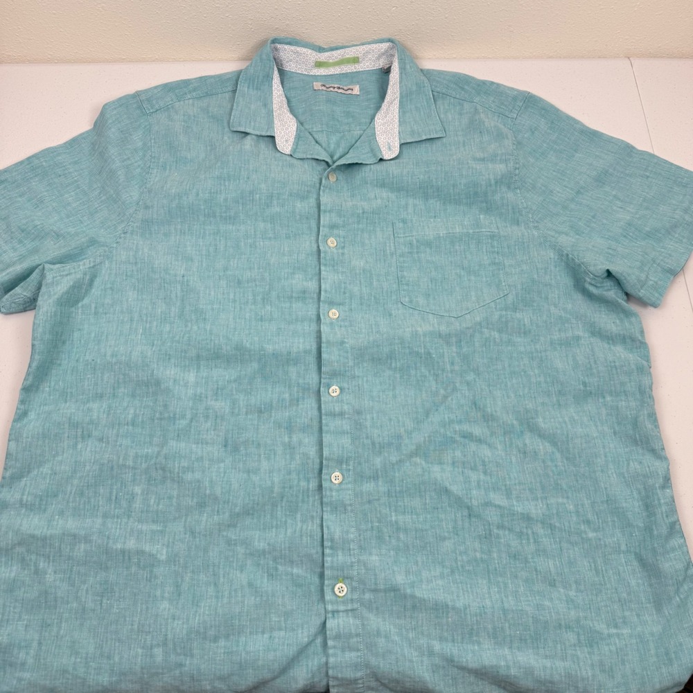 Tommy Bahama Mens XXL Aqua Teal Linen Blend‎ Short Sleeve Button Front Shirt - Picture 9 of 11